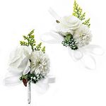 2 Pack Wedding Wrist Corsage Boutonniere Set, Artificial Wedding Buttonholes Flowers for Men and Wristband Roses for Women, White Boutonniere Prom Flower Corsage for Wedding, Ceremony Anniversary