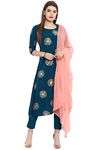 Janasya Women's Turquoise Blue Poly Crepe A-Line Kurta with Pant and Dupatta(Turquoise Blue_X-Small)