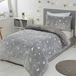 Sleepdown Moons & Stars Glow in The Dark Kids Boys Girls Reverse Soft Feel Fleece Duvet Cover Quilt Bedding Set with Pillowcases-Double (200cm x 200cm), Polyester, Charcoal Grey