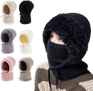 3 in 1 Warm Beanie Hat with Scarf Mask - Windproof Hooded Snow Cap for Women Outdoor Activities (Black)