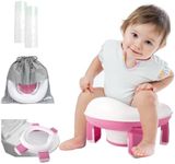 Portable Potty with Splash Guard, 2 in 1 Travel Potty Used as Standalone Potty & Potty Ring, Foldable Potty with Handbag & 20 Disposable Liners, 4 Leg Support Car Potty (Pink)