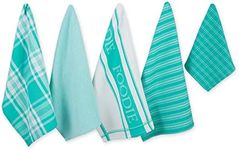 DII Cotton Foodie Kitchen Dish Towels 18 x 28 & Dish Cloth 13 x 13, Set of 5, Ultra Absorbent Washing and Drying Towels for Cooking and Baking-Aqua