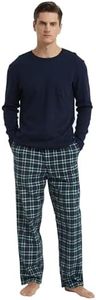 GLOBAL Pijamas Hombre Franela Cómodo Ropa Dormir Largo Suave Conjunto de Algodón Hombre Manga Larga Cuello Redondo y Pantalones Cuadros Verde Negro,M