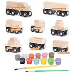 Orbrium 8 Unpainted Train Cars with 12 Colors Paint and Paint Brushes Set for Wooden Railway Compatible with Thomas, Chuggington, Brio, Great for Birthday Party Train Theme