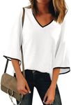 luvamia Blouses for Women Dressy Casual 3/4 Length Bell Sleeve Trendy Shirts Color Block Flowy Business Casual Work Tops, White, Large