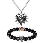 Flongo Viking Wolf Head Pendant Necklace and Beaded Bracelet , Black Agate Beads Stainless Steel Vintage Punk Biker Nordic Amulet Jewelry Set Gifts Father's Day, Silver (F198003)