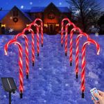 Epesl Solar Christmas Lights Outdoor - 10 Sets 21in Candy Cane 60 Red LEDs with Remote Control USB Rechargeable Solar Panel - Lighted Xmas Waterproof Path Landscape Lights, Outside Indoor Decorations