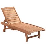 Outsunny Wooden Outdoor Lounge Chair, Adjustable Patio Outdoor Chaise Recliner Garden Furniture, Tanning Chair with Pull-out Tray and 2 Wheels, Brown