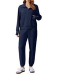 PINSPARK Workout Sets for Women Jogger Sweatpants Matching Sets Half Zip Pullover Casual Fall Airport Outfits,Navy Blue Small
