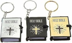 Juroicessry 3 Pcs Bible Keychain,Miniature Real Bible Key Chains Keyrings Handbag Pendant Xmas Gift Religious Favors Black Silver Gold Bible Covers, 1