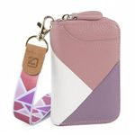 Credit Card Holder Wallet Zip Leather Card Case RFID Blocking Ladies Small Blocked Accordion Wallets with Stainless Steel Zipper Compact Accordian ID Cards Bag with Wrist Lanyard (Pink/ Purple/ White)