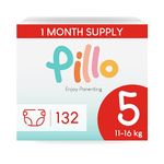 Pillo Baby Nappy Size 5 - Monthly Pack of 132 Nappies, 4 Packs of 33 Diapers - Junior (11-16 kg / 24-35 lbs) - Leak Protection for Sensitive Skin