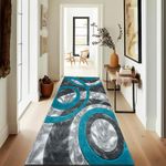 B&B Modern Shaggy Super Soft Hallway Runner Rug - Luxurious Thick Dense Pile Non Shed Oriental Design Carpet Living Room Bedroom Washable Runner Rug Teal - 80 X 150 cm