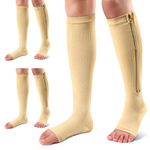 Ailaka 3 Pairs Compression Socks with Zipper, 15-20 mmHg Medical Knee High Compression Socks for Men Women, Open Toe Socks for Varicose Veins, Edema, Recovery