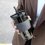 HARKNOX 450 ml Reusable Glass Tumbler with Leather Grip Cover Band Airtight Lid And Straw Coffee Sipper Milk Mug for Drinking Iced Tea Juice Cold & Hot Drink Cup Home Office and Traveling Bottle BLACK