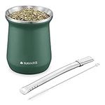 Navaris Yerba Mate Cup - 300ml Double Walled Stainless Steel Mate Tea Set with Gourd Cup Mug and Bombilla Straw and Brush for Mate Drink - Green