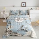 Nautical Bedding Set Anchor Compass Comforter Set for Kids Youth Teens Boys,Ocean Theme Sketch World Map Duvet Insert,Lighthouse Starfish Sealife Bed Quilt,Retro Vintage Style Bedroom Decor King