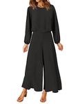 ROYLAMP Women's 2 Piece Outfits Long Sleeve Round Neck Crop Top Cropped Wide Leg pants Set Jumpsuits Black S