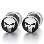 2 Rock Punk Mens Black White Punisher Skull Stud Earring, Steel Cheater Fake Ear Plugs Gauges Tunnel(CA)