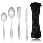 4 Pcs Cutlery Set with Portable Pouch Case, Stainless Steel Flatware Camping Utensil Set with Neoprene Bag for Outdoor Travel Picnic Office School Lunch Box