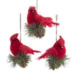 Kurt Adler Red Cardinals On Pinecone Ornaments 3 Assorted