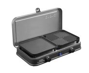 CADAC 2 Cook 2 Pro Deluxe QR Gas BBQ & Camping Stove, Dual Burner Portable Gas Cooker with Flat & Ribbed Ceramic Grill Plates, Quick Release Coupling, Carry Bag Included