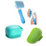 Hug and wags (combo of 3 )Self Cleaning Slicker Shedding Brush Pet Bath Massage Brush With Soap & Shampoo Dispenser Soft Silicone Bristle For Long Short Haired Dogs Cats Shower Tick Remover Shower Bathing (Basic dog kit ) (color may Vary)