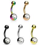 JEWEL BARREL Belly Button Bars Piercing Navel Ring Bar Body Jewellery Surgical Steel 14G 10mm Length with 1X Crystal Ball (SET OF 5)