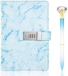 Zonon Diary with Lock Marble PU Leather A5 Journal Combination Lock Secret Personal with Diamond Pen(Blue)