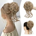 Sofeiyan Messy Bun Hair Piece Curly Wavy Hair Bun Extensions Synthetic Tousled Updo with Tendrils Hairpieces Bun Donut Accessories Scrunchies for Women, Light Ash Blonde Mix Pale Blonde