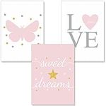 PREMYO Wall Art Prints Nursery Decor - Baby Room Decoration Girl - Kids Poster Set Love Heart Butterfly Pink Picture A4