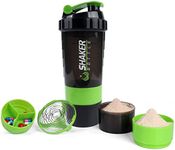 VECH Protein Shaker Bottle - Sports Water Bottle - Non Slip 3 Layer Twist Off 3oz Cups with Pill Tray - Leak Proof Shake Bottle Mixer- Protein Powder 16 oz Shake Cup with Storage (Green)