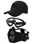 Hodeacc 3 Pcs Tactical Airsoft Mask Goggles Baseball Cap Set,Adjustable Half Face Mesh Mask with Ear Protection,Airsoft Glasses Eye Protection Outdoor Hat for Outdoor Airsoft/BB/CS Game