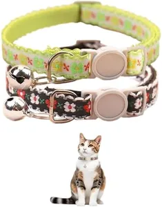 Cute Flower Embroidery Breakaway Kitten Collar with Bells,Cat Collars for Boy Cats and Girl Cats - Adjustable (6.7-12.2 inches) (Black & Green)