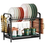 iSPECLE 2 Tier Dish Drainer - Dish Drying Rack with with Drip Tray, Sink Draining Board with Utensil Cutting & Board Holder for Kitchen Counter(Black Square)