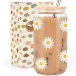 GSPY Daisy Aesthetic Cups, Iced Coffee Cup, Cute Glass Cups with Lids and Straws - Iced Coffee Glasses, Flower Mug Cup, Glass Tumbler - Christmas, Birthday Gifts for Women, Coffee Lovers, Girl