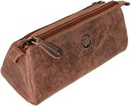 Rustic Town Leather Pencil Case - Zippered Pen Pouch for Work & Office, Brown, M, Bag Organiser