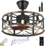 AIHONKON 18.5''Ceiling Fans With Lights and Bluetooth Speaker,3 Speed,Reversible Motor,Industrial Small Caged Fandelier Bladeless Ceiling Fans,Enclosed Ceiling Fan for Farmhouse Bedroom Kitchen