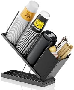 Dunatou Cup and Lid Holder, Adjustable Coffee Cup Holder Organizer, 4 Compartment Coffee Cup Dispenser, Straw Dispenser for Countertop, Coffee Station Bar, Office Breakroom, Black
