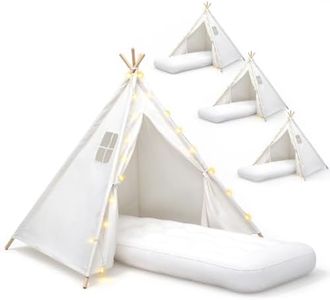 4 Pack Teepee Tent for Kids [Thickened] with Light String and Inflatable Airbed, Slumber Party Tents, Sleepover Tents Party for Girls Boys Indoor Outdoor (White)