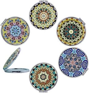 CigyYogy Espejos de Bolsillo pequeños Plegado Redondo - Mini Espejos de Bolsillo - Double Sided with 1x 2X Magnification - Mandala Designs para Mujeres Dama Amigos Muchachas Conjunto de 6