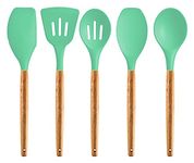 P-Plus International Premium 5 Piece Silicone Utensils Set with Authentic Acacia Hardwood Handles, All Purpose Silicone Spatulas Kitchen Set, Wood Cooking Utensils Set (Green, Set of 5)
