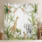 Feelyou Cute Giraffe Curtains for Bedroom Living Room Kids Zoo Animal Blackout Curtains Cartoon Animal Darkening Dreapes Decor Elephant Floral Leaf Green Window Treatments (2 Panels, 52 x 84 Inch)