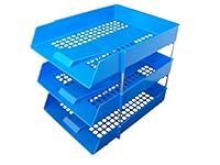 3 x BLUE PLASTIC FILING STORAGE LETTER TRAYS + 8 METAL RISERS RODS - DESK TIDY DOCUMENT PAPER FILING STACKING STACKER IN OUT - OFFICE SCHOOL COMMERCIAL STATIONERY SUPPLIES