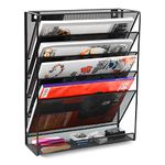 ESYLIFE Wall File Holder Organiser 6 Tier Mesh Wall Mounted Document Paper Magazine Storage Rack in Tray, Black