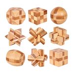 Holzsammlung Set of 9 3D Wooden Brain Teaser Puzzles, IQ Challenge Puzzle Games, Small Logic Mind Puzzle Box Toy Removing Assembling Lock Puzzle Gift Set for Adults Teenagers Kids, 1.8inch 4.5cm