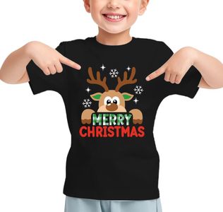 Toddler Kids Christmas T-Shirt - Short Sleeve Reindeer Holiday Tee, Merry Xmas Gift Top for Boys & Girls (Sizes 2T-6Y)