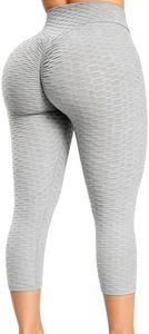 FITTOO Women's High Waist Yoga Pants Tummy Control Scrunched Booty Capri Leggings Workout Running Butt Lift Textured Tights Grey Large