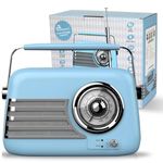 UK Technology Retro Radio, Portable FM Radio & Bluetooth Speaker, Vintage FM Radio, Mains Or Battery Operated, Large Dial, Transistor Antenna, Aux, USB Plug In (Blue (Matte))