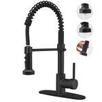 BESy Kitchen Faucet with Three-Function Sprayer Head, Matte Black Finish, Single-Handle, 10-Inch Deck Plate, Brass Material, Easy Installation